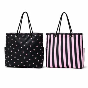 Victoria’s Secret Reversible Tote Bag Pink Stripe Floral Large Beach Bag
